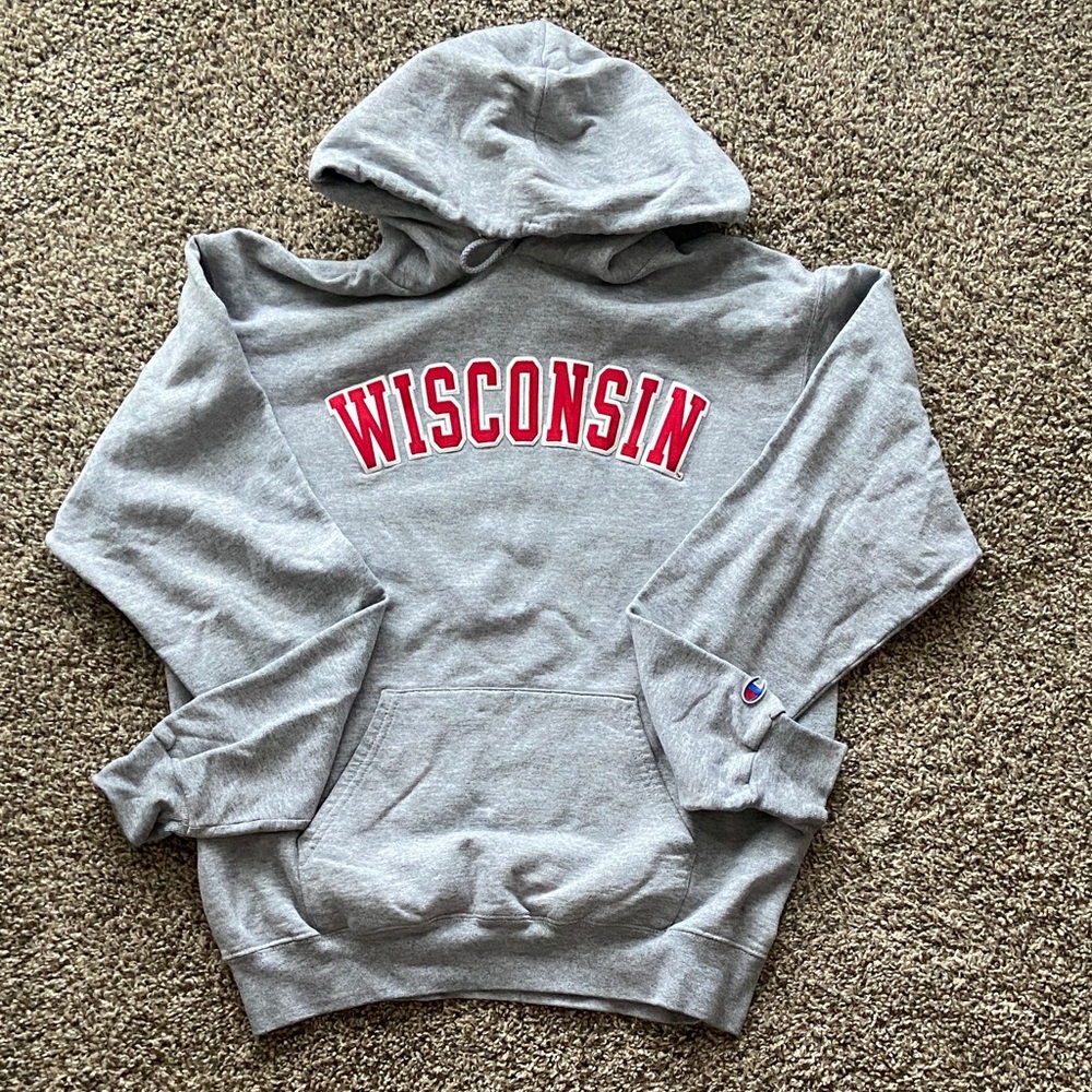 Champion Gray Hoodie with Red Wisconsin Print. Wisconsin Badgers!
